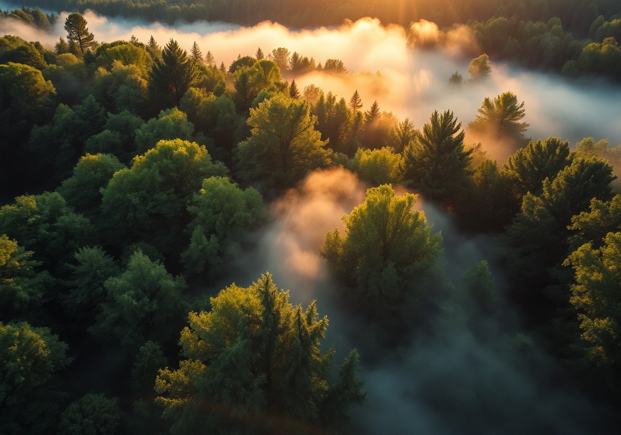Misty morning over the Bavarian Alps with pine-forested slopes and a glacial valley lake