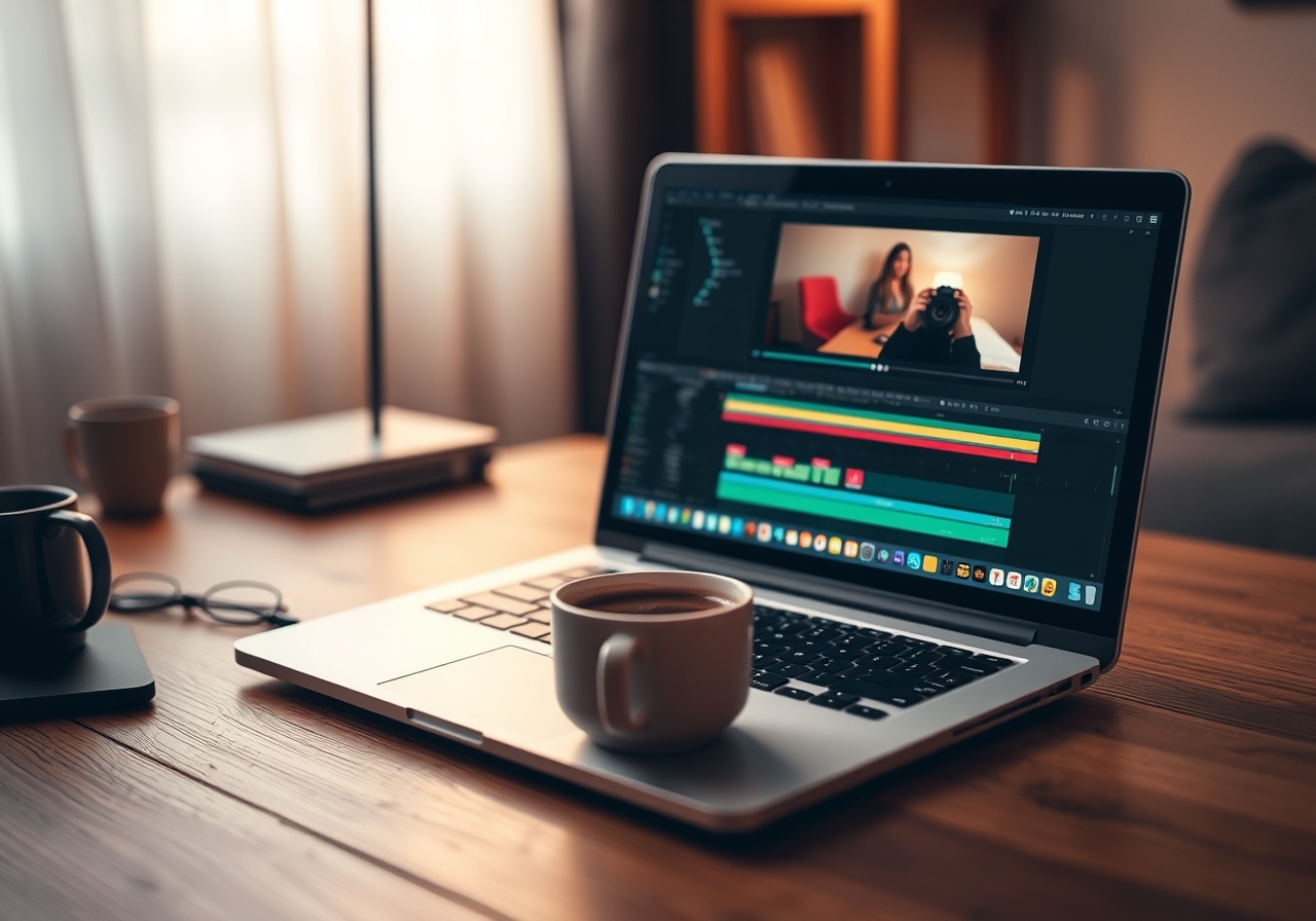 Editor browsing ClipKraft's 4K stock-video library on a laptop, previewing a cinematic cityscape clip in the media player